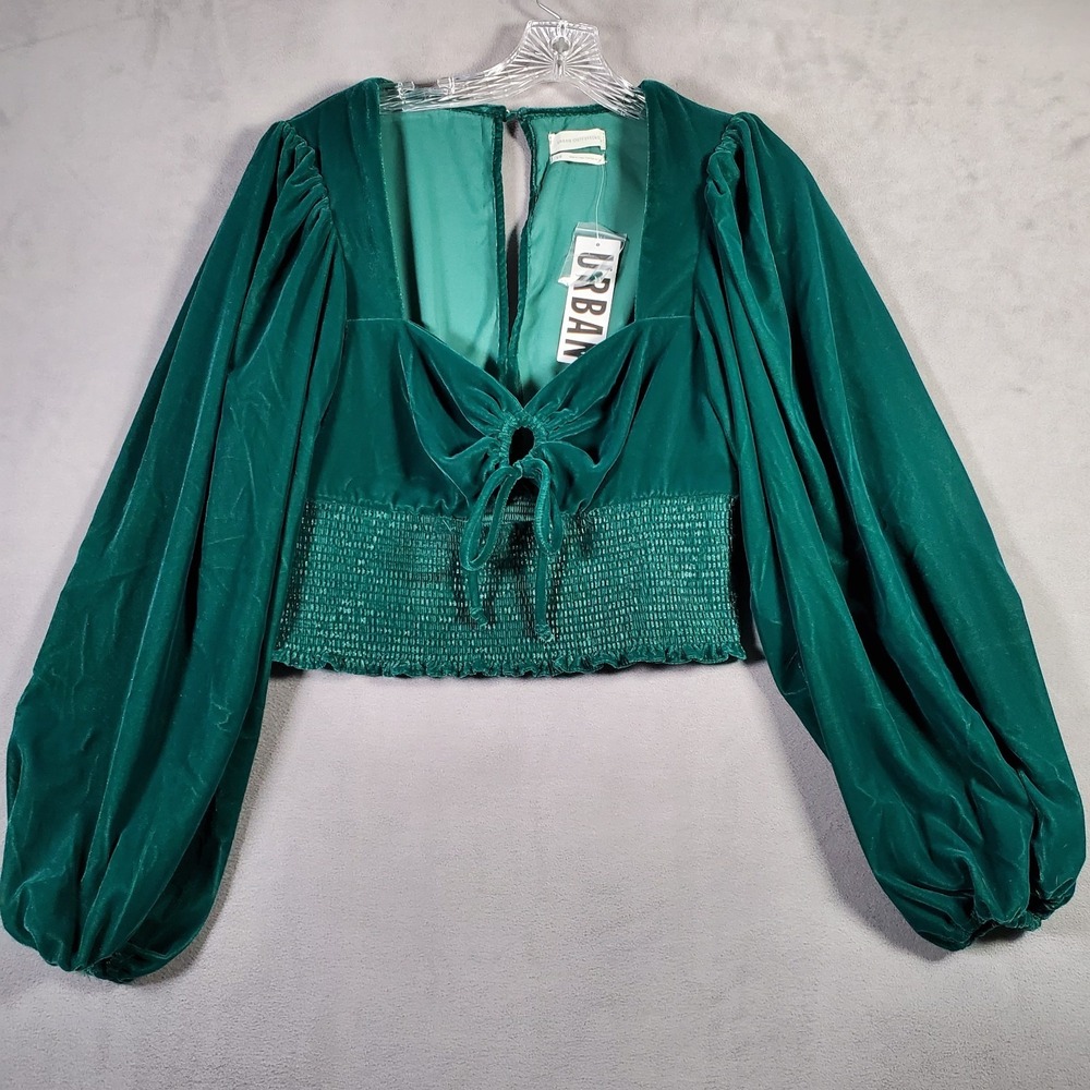 Urban Outfitters Crop Top Women L Green Velvet Smocked Puff Sleeve Y2K Fairy NEW